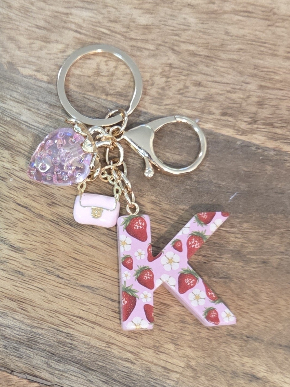 🍓 Strawberry 'K' Keychain Charm - Pink & Gold
